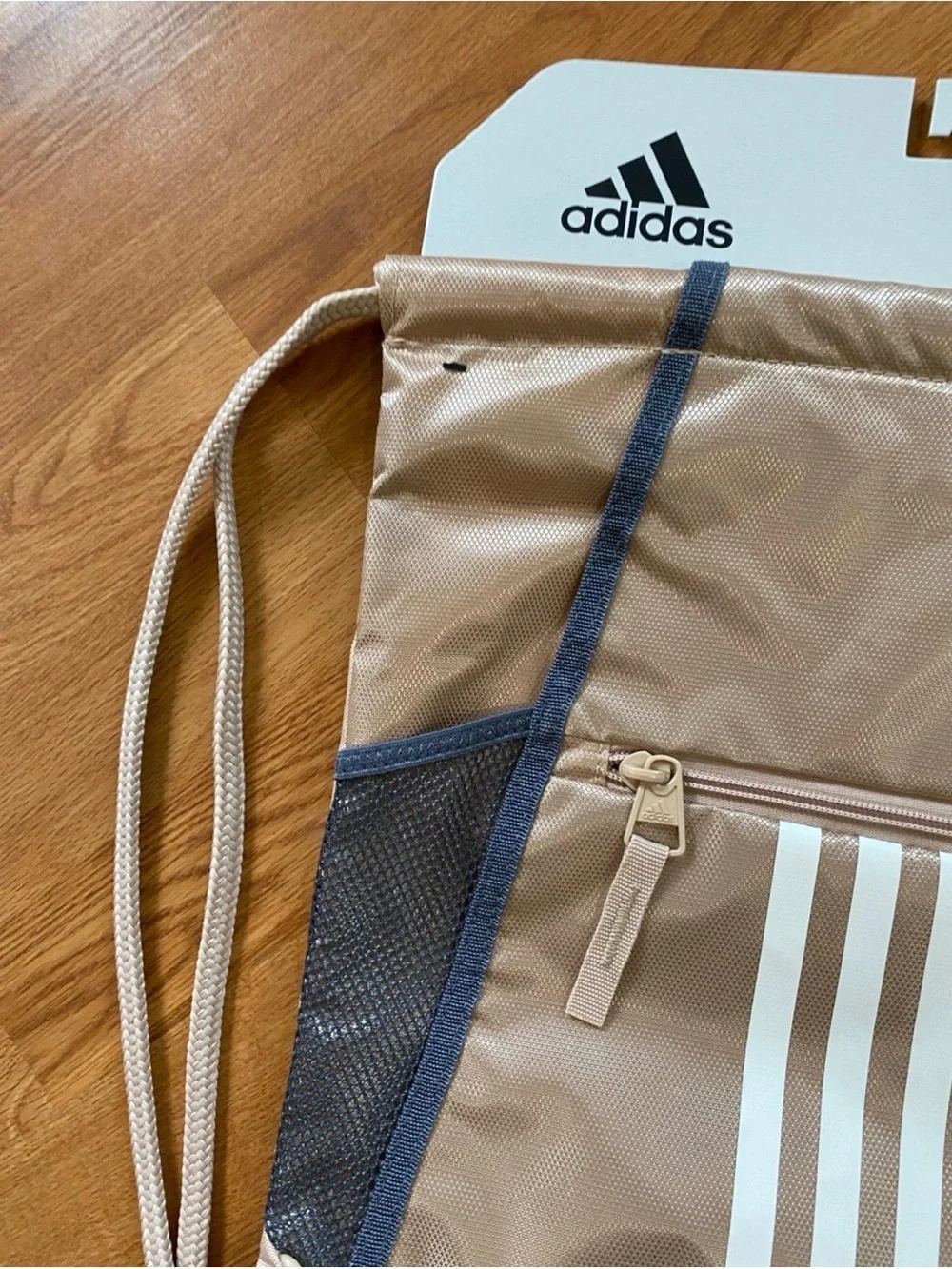 New mens womens adidas Tan Drawstring Backpack with White 3-Stripes